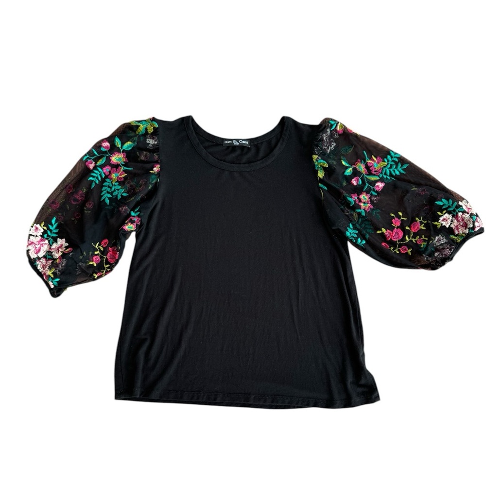 Kim & Cami Blouse with Sheer Floral Sleeves
